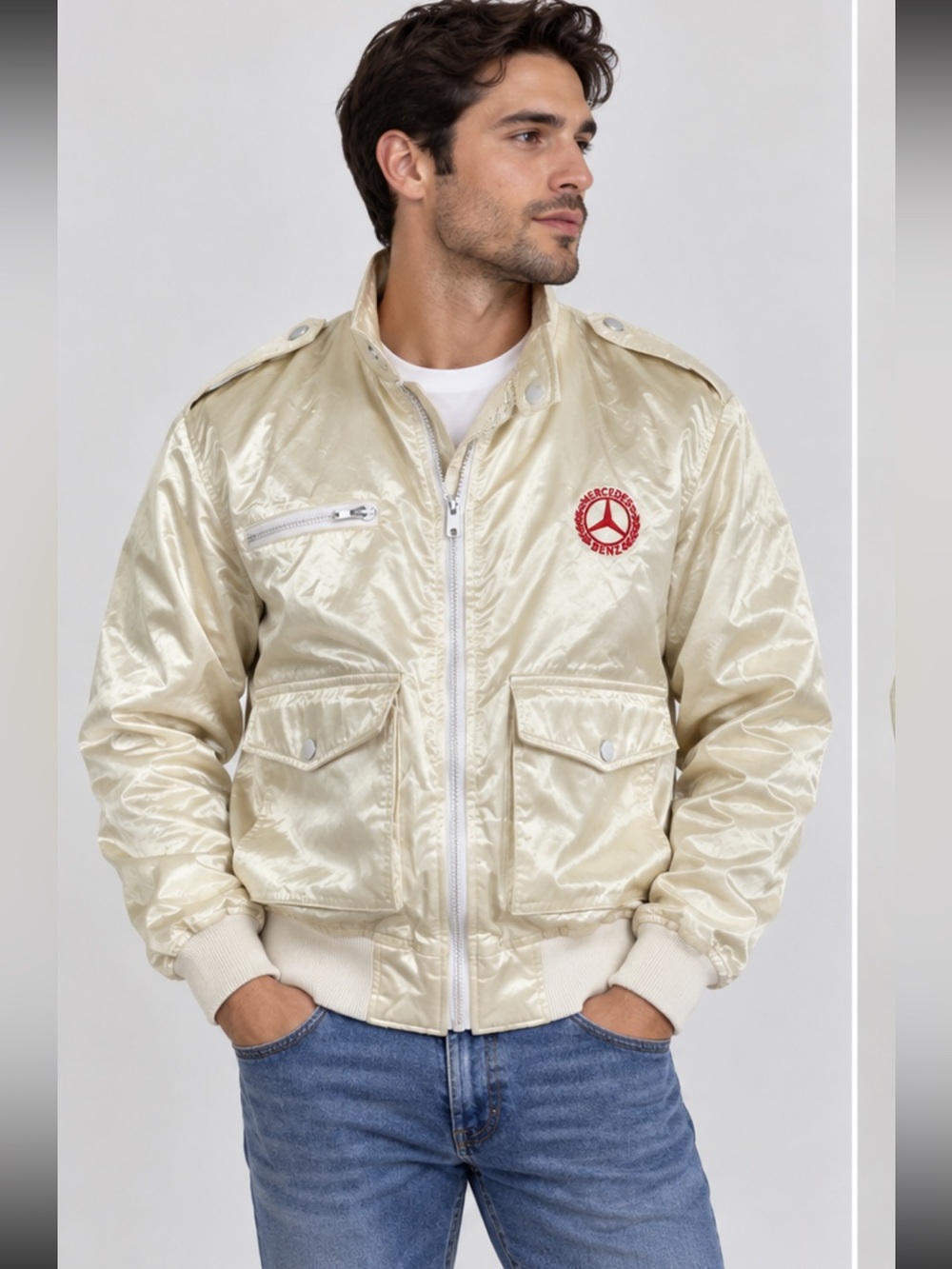 Vintage‎ Mercedes Benz Jacket Unisex M Cream Satin Zip Up Beverly Hills